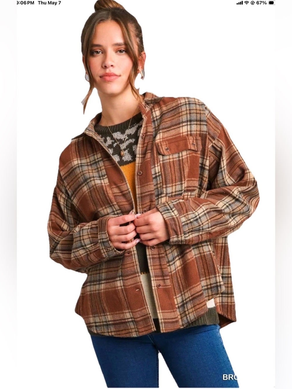 Umgee Plaid Flannel Shirt Womens Extra Large Button Up Western Shacket Brown